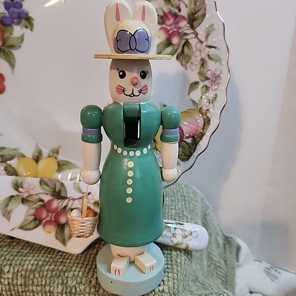 Terry's Village Wood Easter Bunny Nutcracker 8in Girl Dress Basket With Eggs - Picture 1 of 7